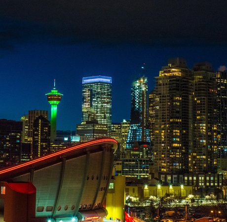 Toronto skyline lit up at night.