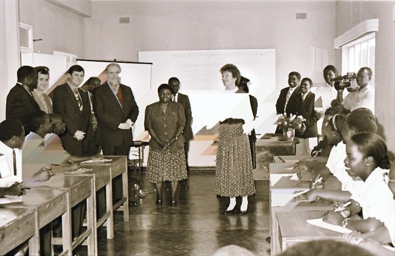 Mary Robinson in a classroom in Zambia