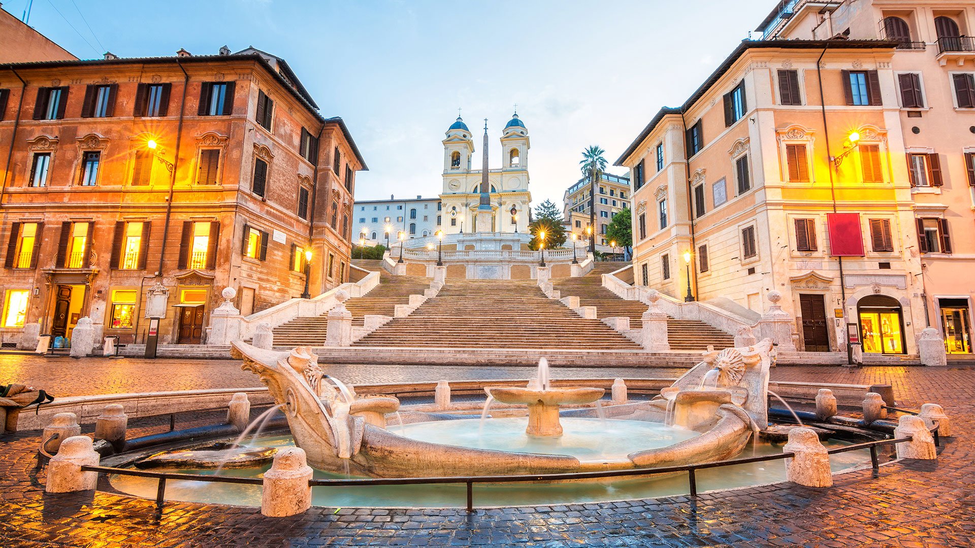 View of the Spanish Steps in Rome at dusk.