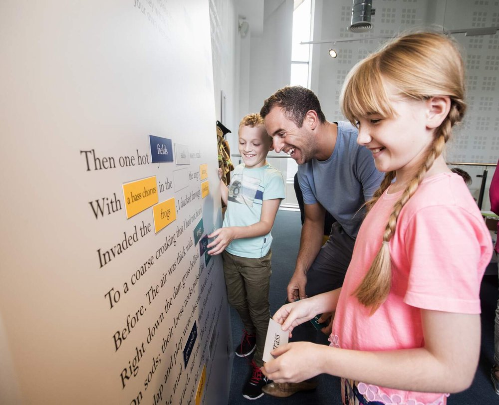 Children adding words to a story on a wall