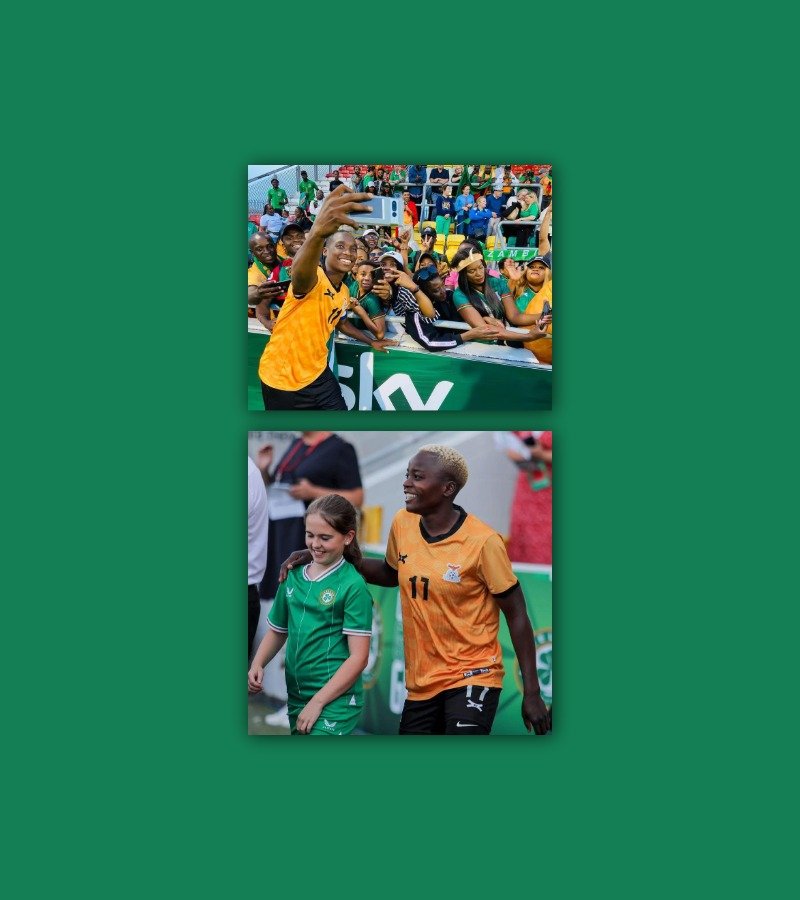 Copper Queen stars Barbara Banda and Racheal Kundananji with Irish fans at a 2023 friendly in Dublin.